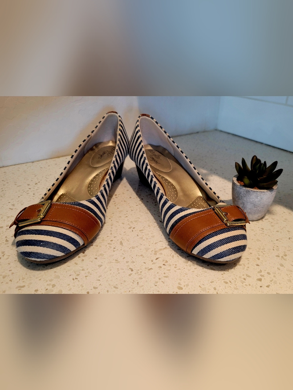 Dexflex Comfort Navy & White Striped Flats w/ Brown Buckle | Slip-On Shoes - 10